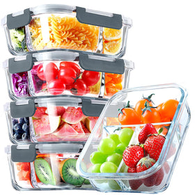 VERONES five-pack glass meal prep containers with three compartments for portion control.