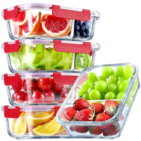 VERONES 5-pack glass meal prep containers with two compartments for portioned meals.