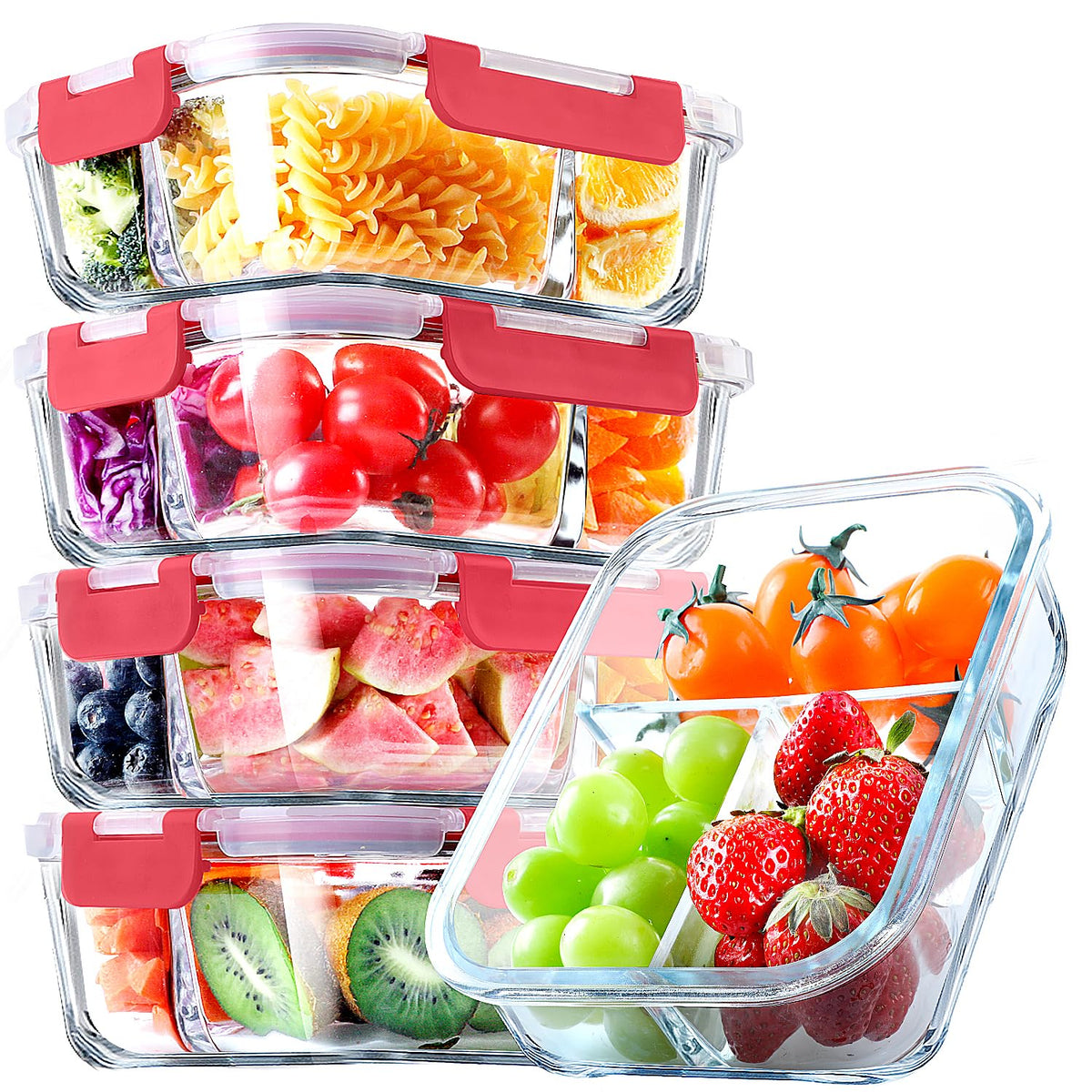 VERONES 5-pack glass meal prep containers with 3 compartments for portion control