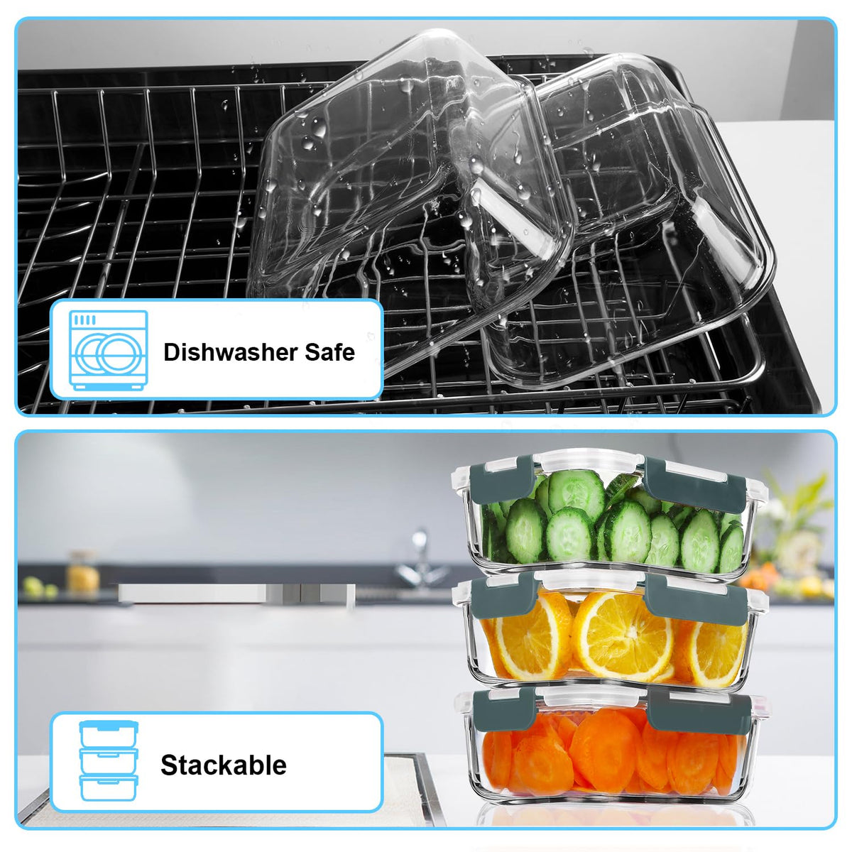 VERONES glass meal prep containers, showing dishwasher-safe glass components for easy cleaning.
