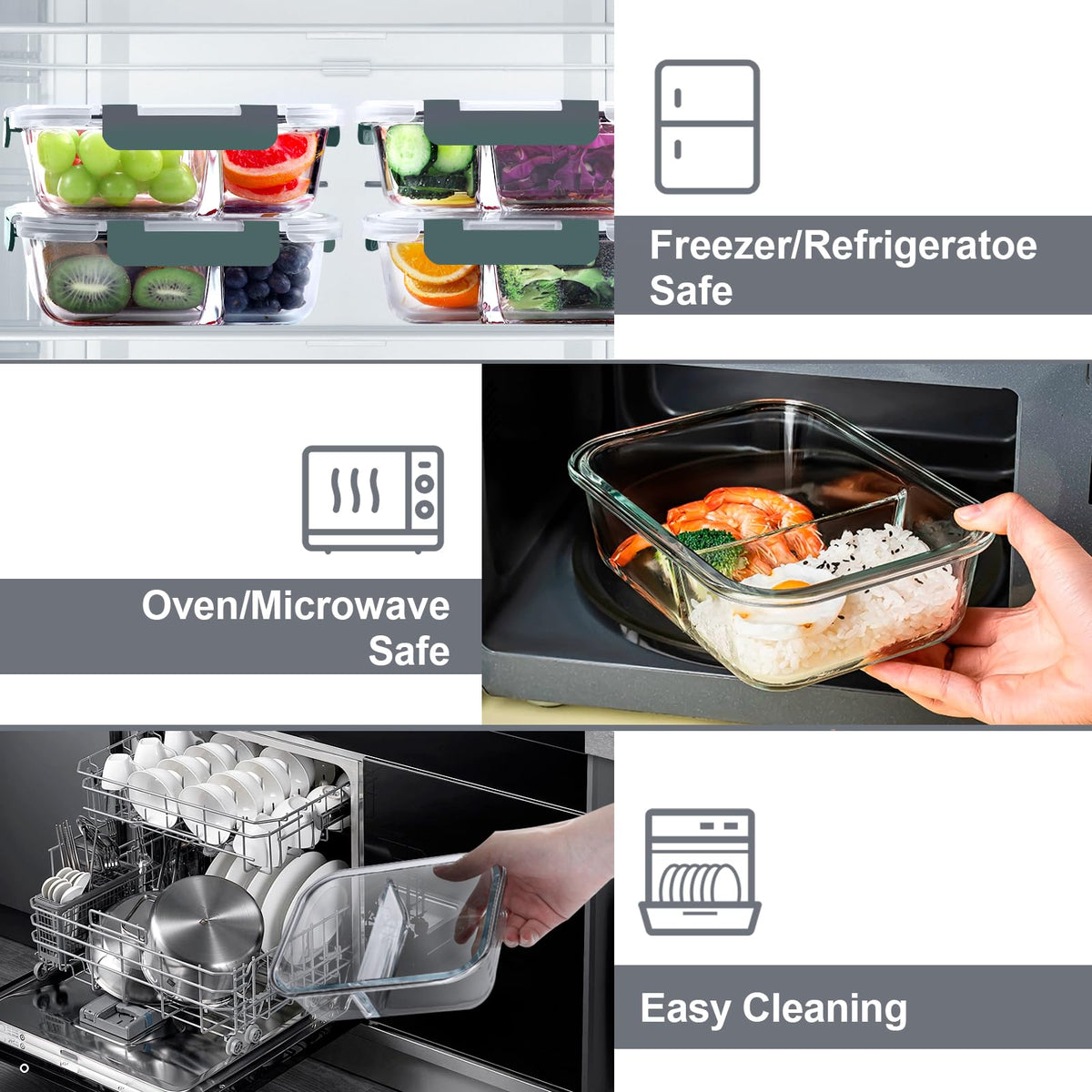 VERONES glass containers are oven- and microwave-safe without lids for reheating.