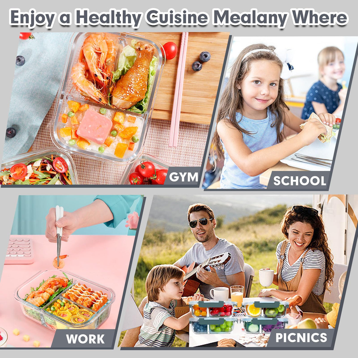 Portable VERONES containers ideal for office lunches and gym snacks.
