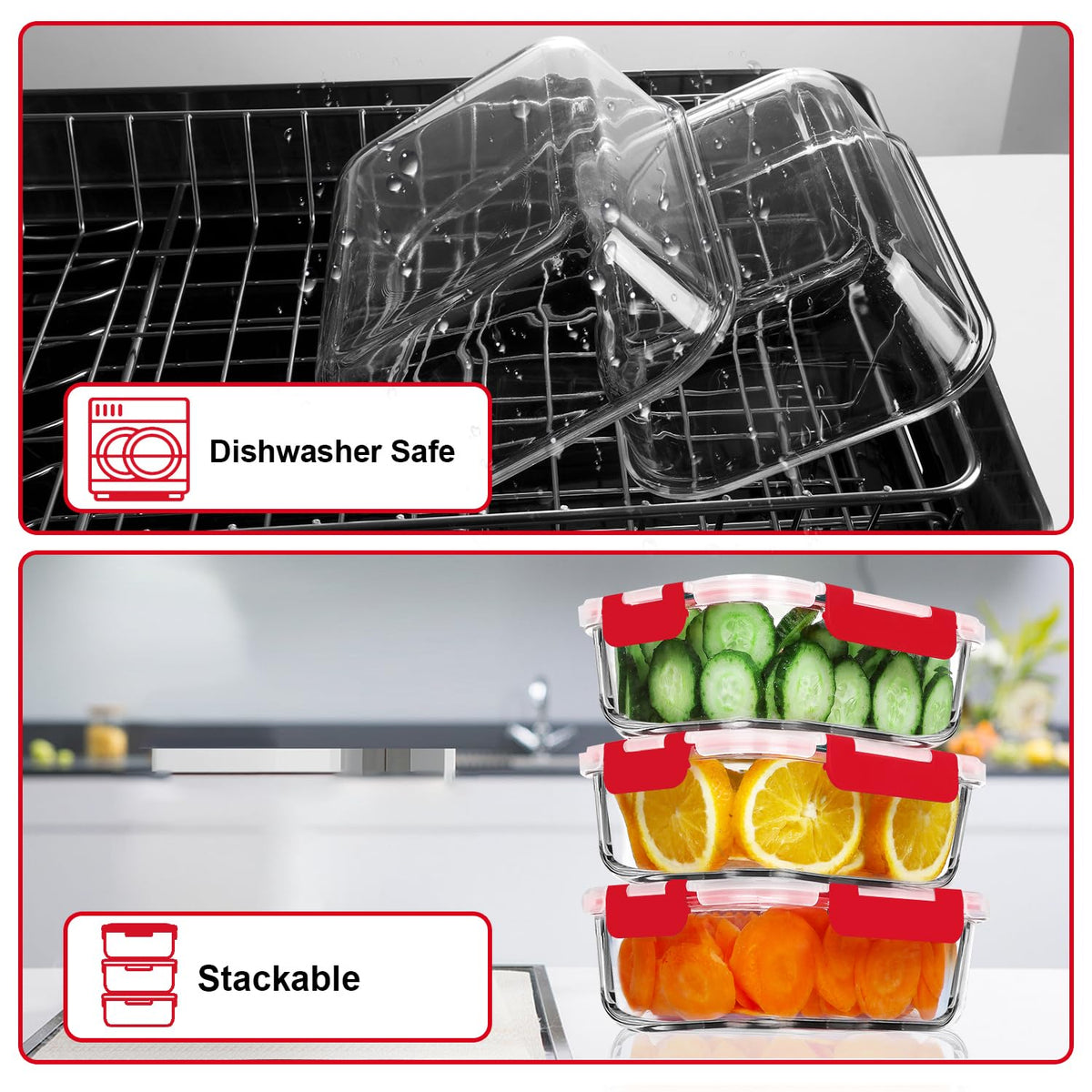 VERONES stackable design saves cabinet space while keeping contents visible.