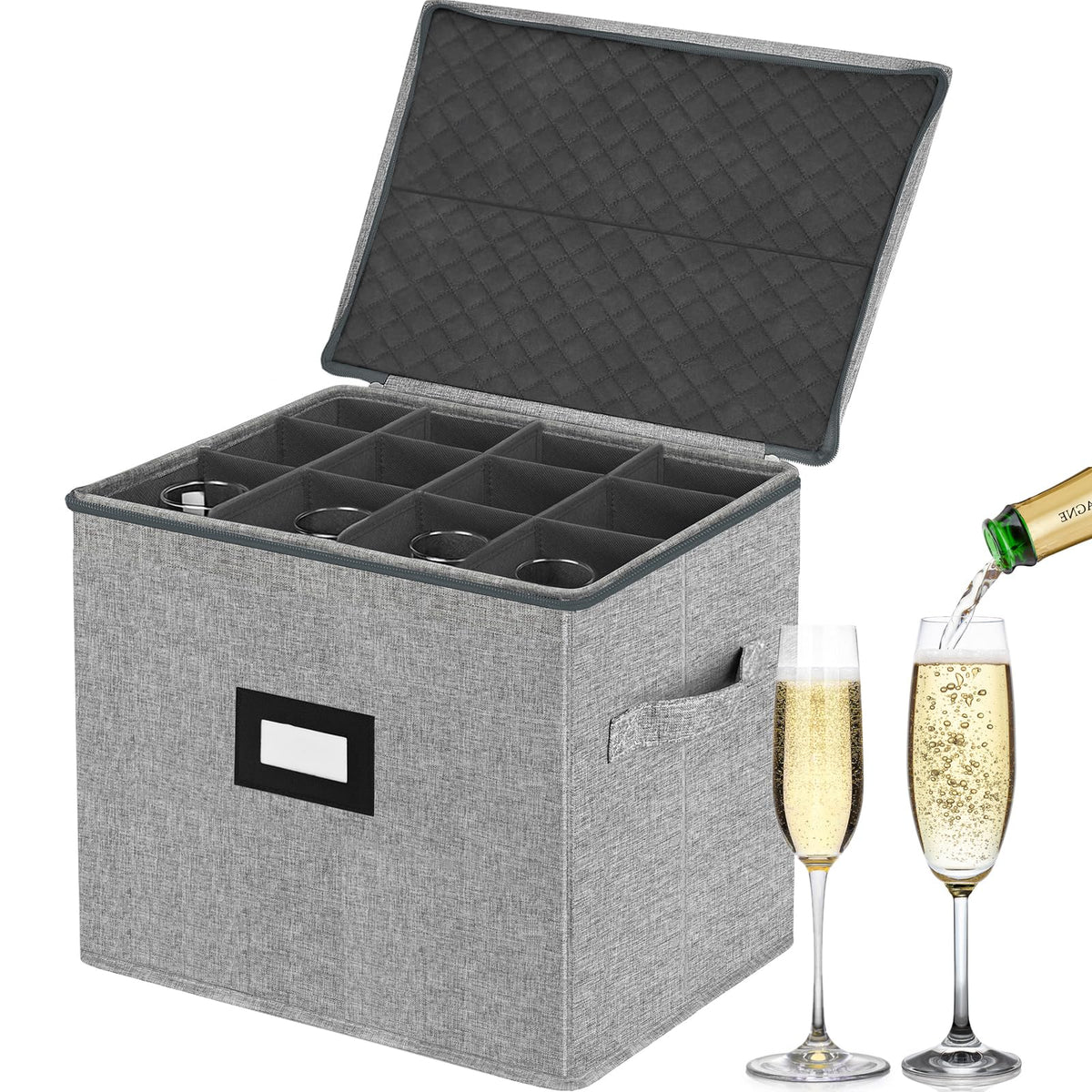 Veronly champagne flute storage box top view shows dividers for organized transport.