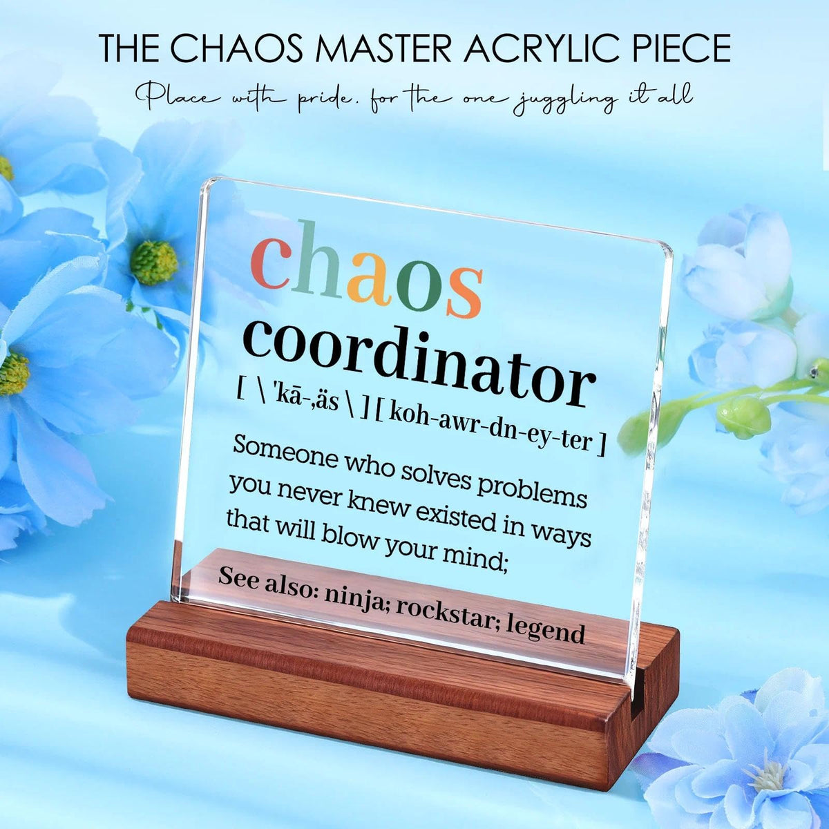 Verouis Chaos Coordinator acrylic sign adding desk personality and style.
