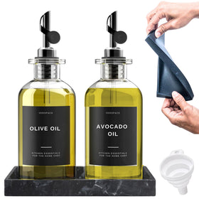 Verspace clear glass olive oil dispenser with silicone tray for drip-free kitchen storage