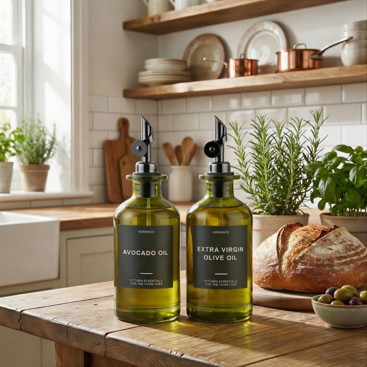 Verspace drip-free spouts for clean, mess-free olive oil pours.