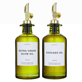 Verspace green glass olive oil dispenser set with drip-free spouts for clean pours.