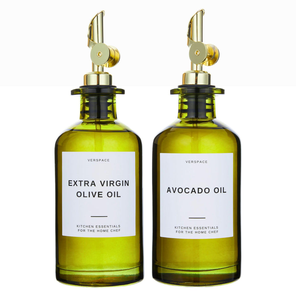 Verspace green glass olive oil dispenser set with drip-free spouts for clean pours.