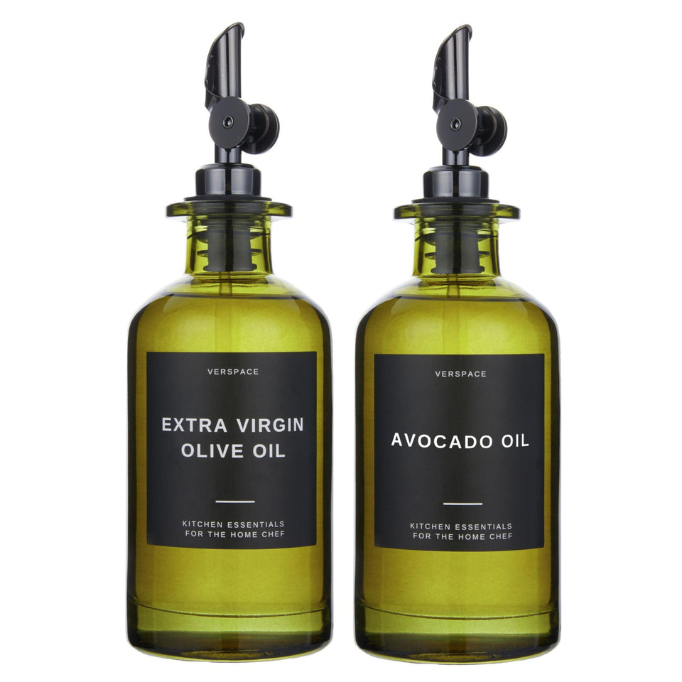 Verspace UV-protected green glass olive oil bottle pouring for dressings