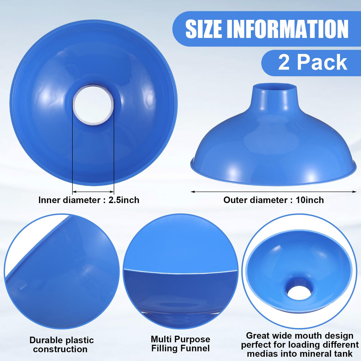 Vesici blue funnel for resin tanks and media loading.