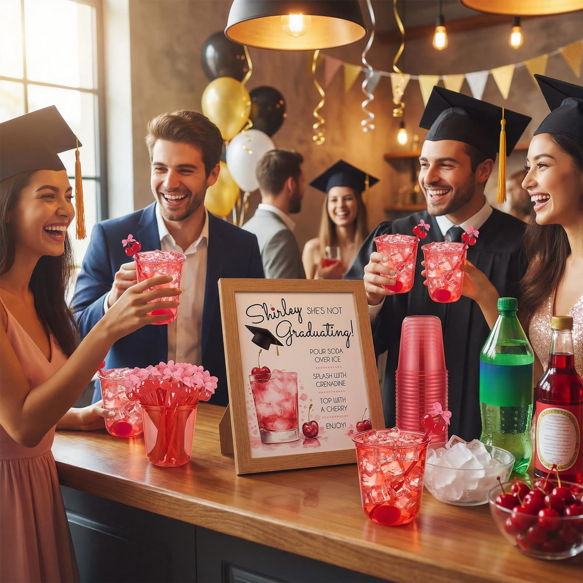 Vesici complete party decor set coordinates cups, stirrers, and stand for a cohesive look.
