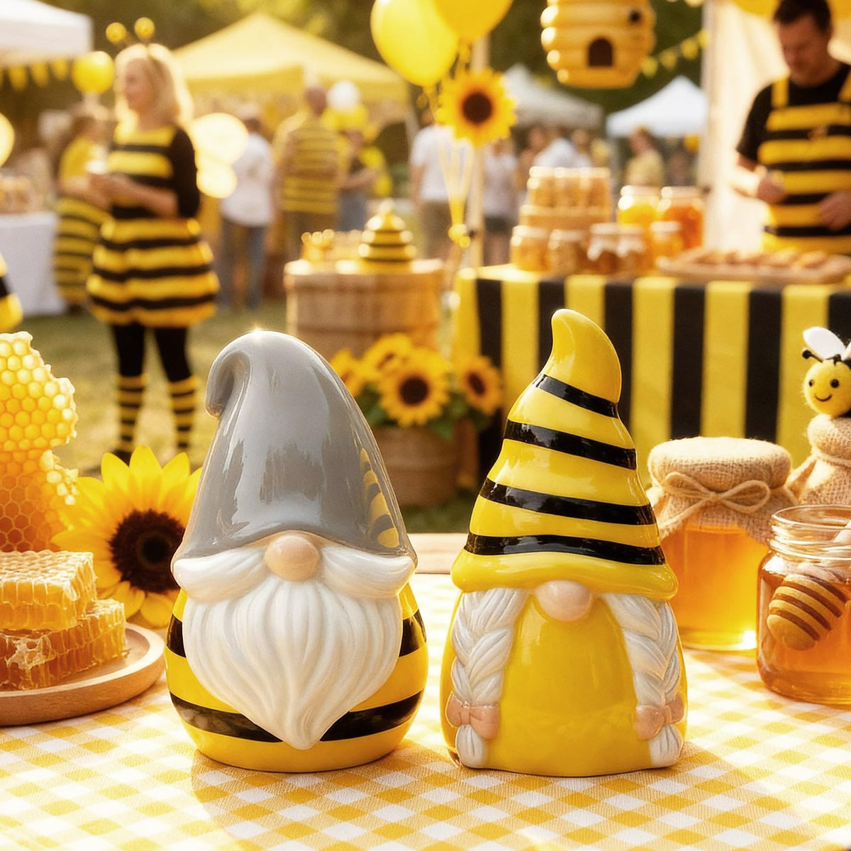 Vesici Honey Bee Gnome Grey-Hat salt and pepper shakers for stylish table seasoning.