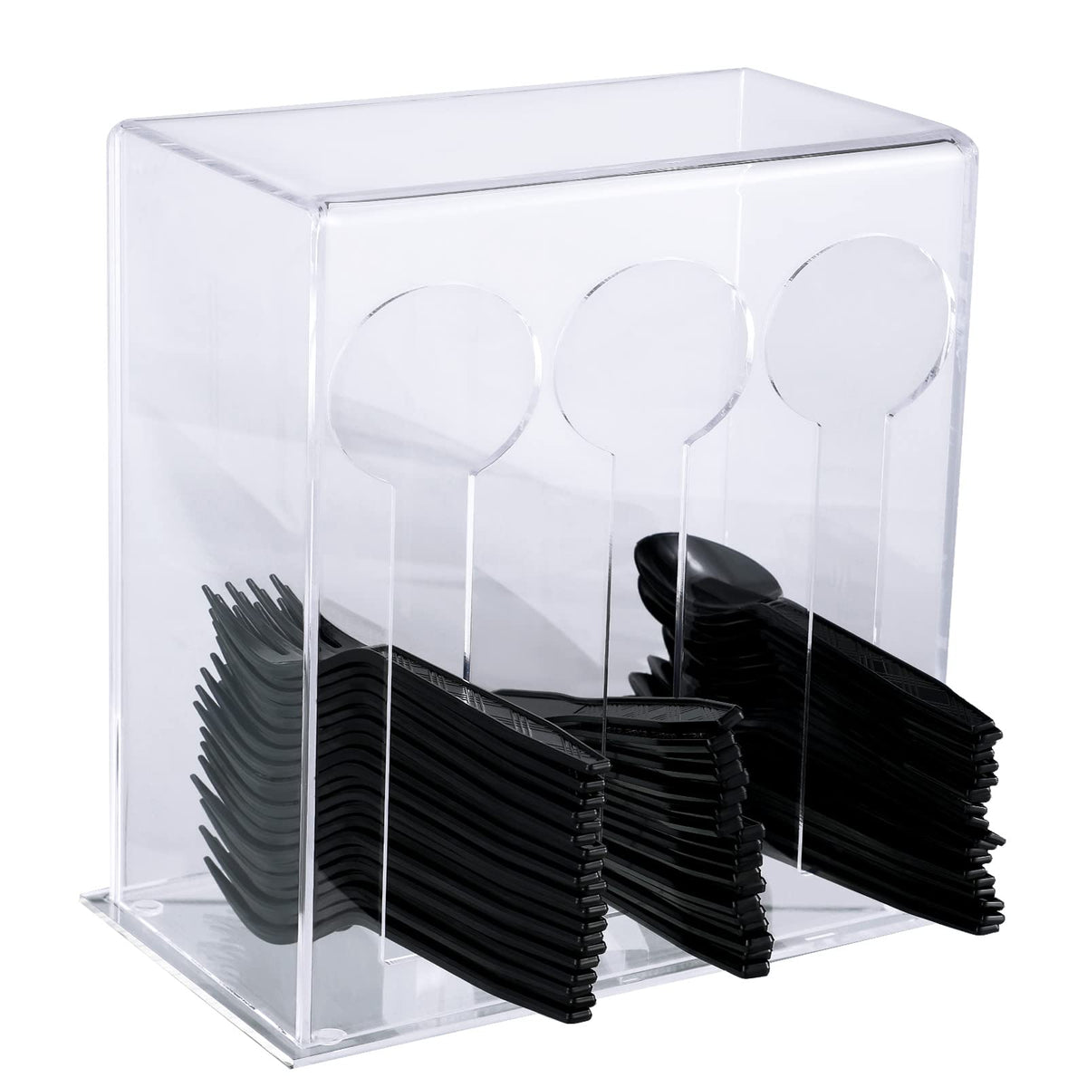 Vesici 3-compartment acrylic utensil dispenser on kitchen counter for organized cutlery.