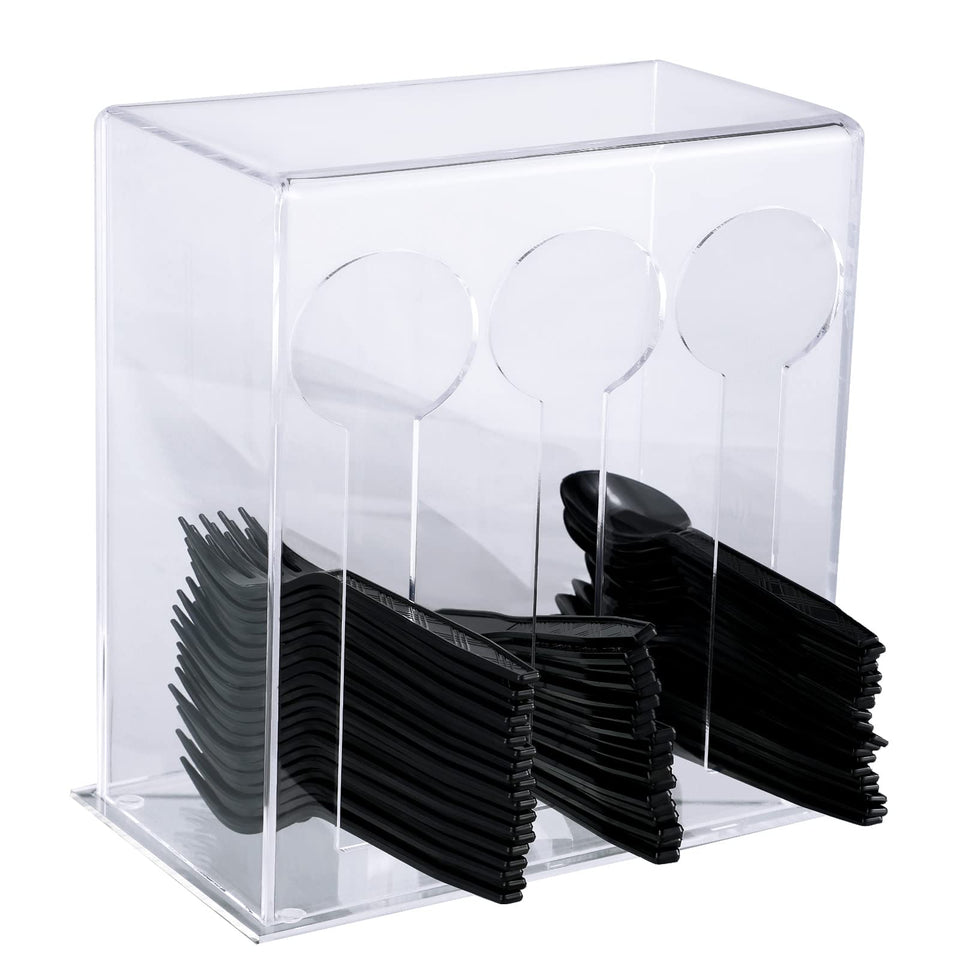 Vesici 3-compartment acrylic utensil dispenser on kitchen counter for organized cutlery.
