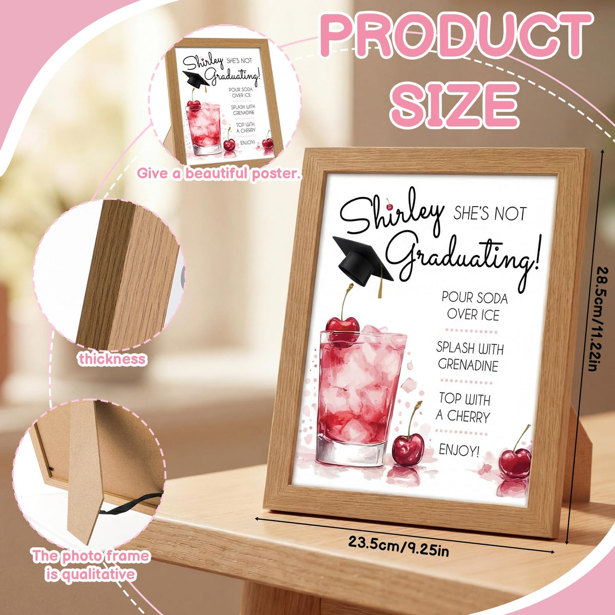 Vesici wooden photo frame stand enhances displays or menus at celebrations.