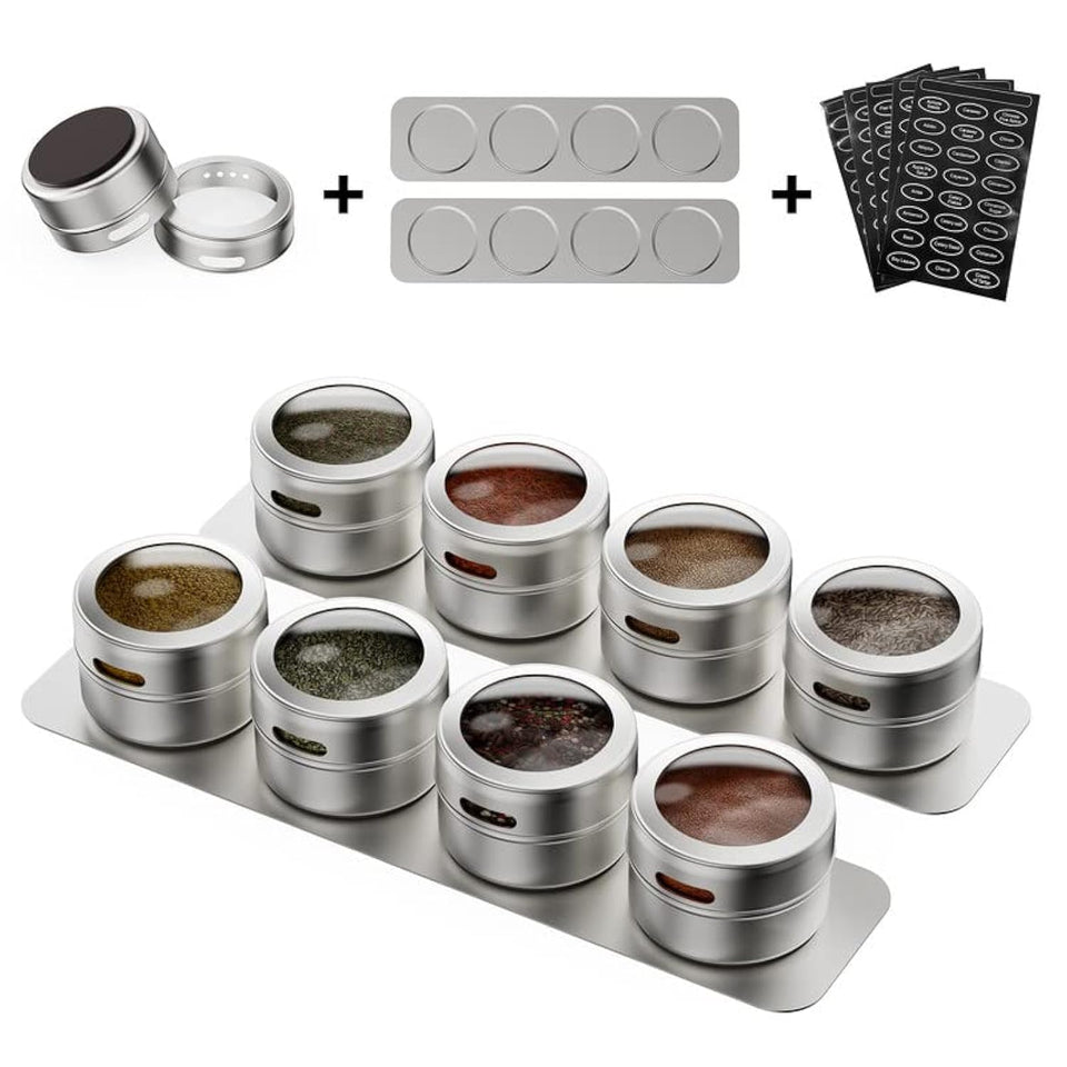 Vetacsion magnetic spice tins 8-piece set with organized pantry flexibility.