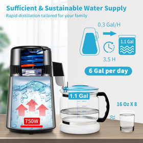 VEVOR 1.1 gal glass carafe collecting distilled water.