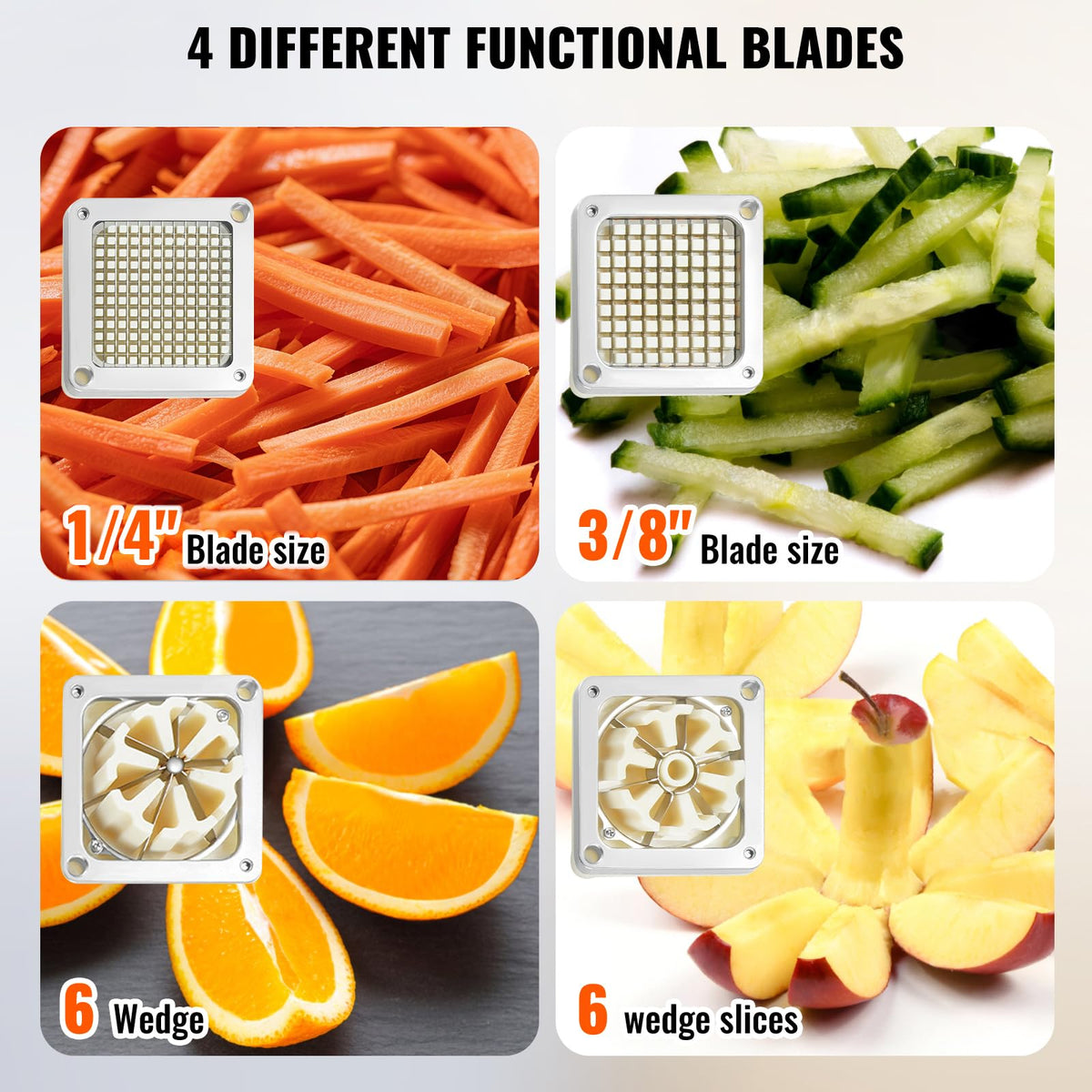 VEVOR 6-wedge slicer creates evenly spaced fruit and veggie wedges.
