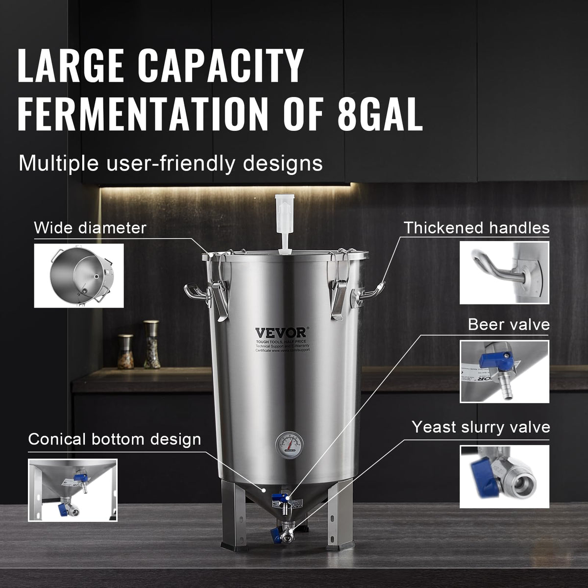 VEVOR 8-gallon barrel with adjustable feet for stable placement.