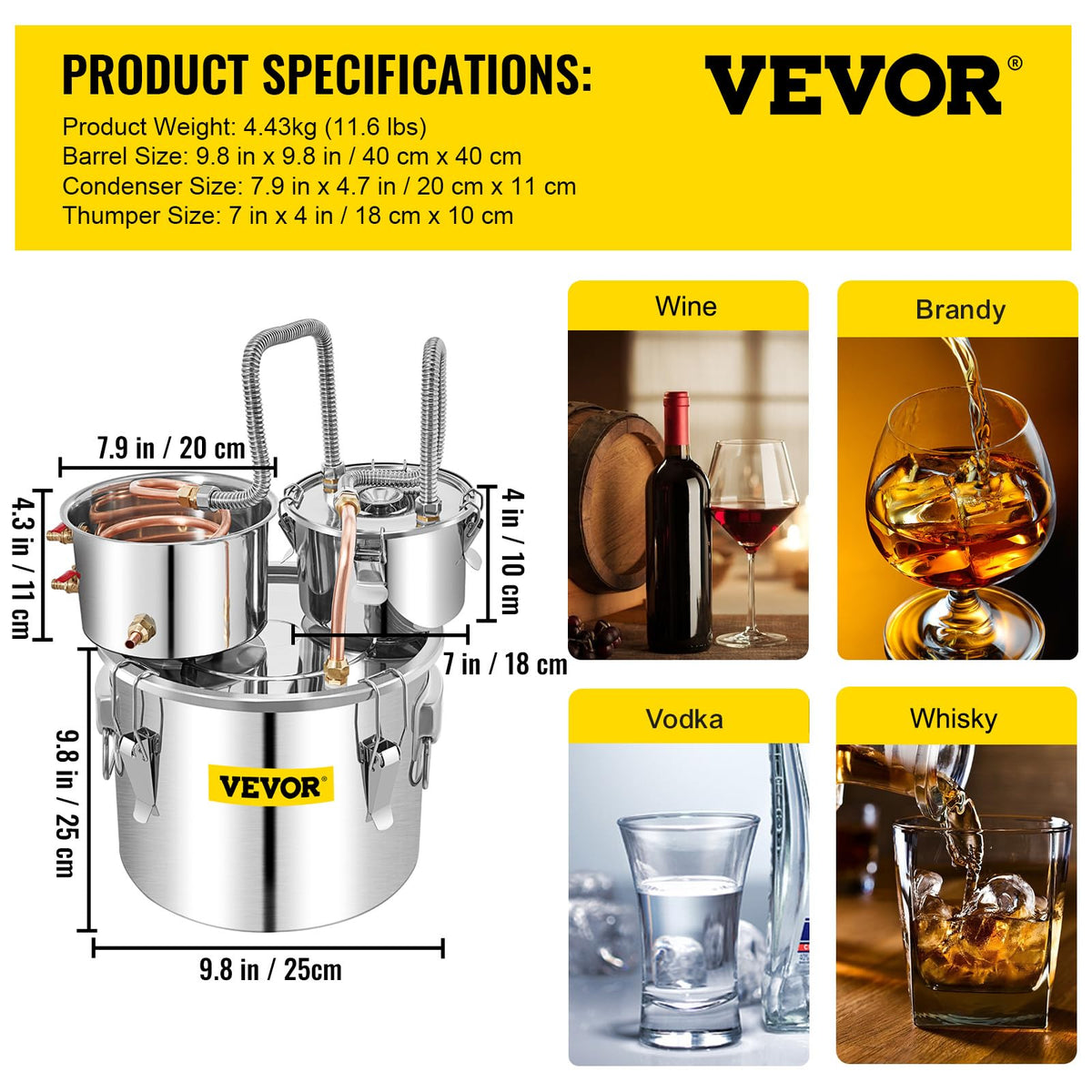 VEVOR 3-gallon still condenser detail illustrates efficient cooling