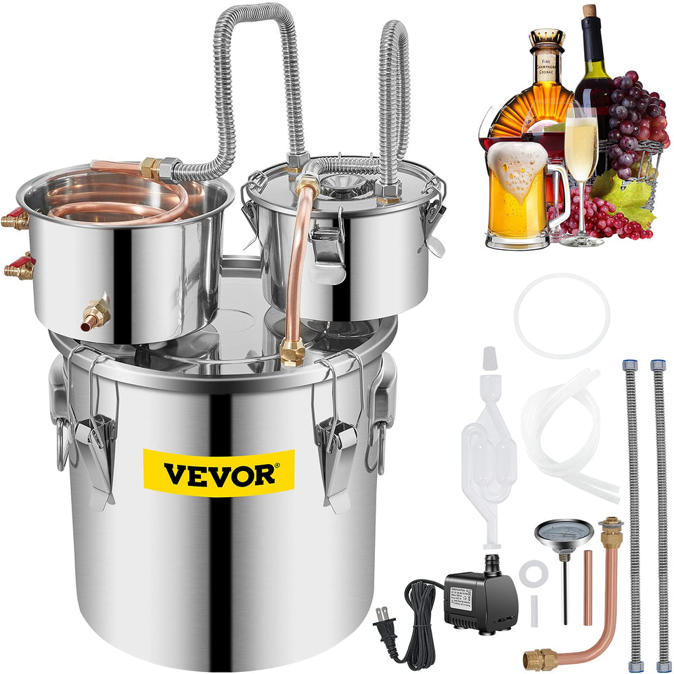 VEVOR 3-gallon still front view shows durable stainless steel build for home distilling