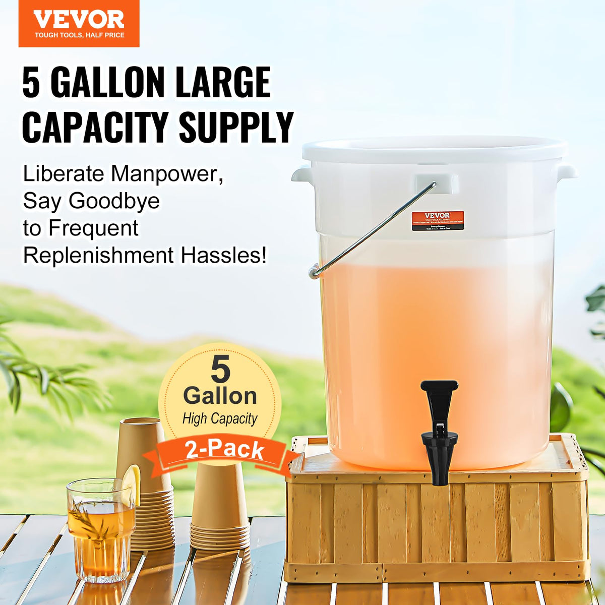 VEVOR Beverage Dispenser 5-Gallon 2-Pack spigot close-up drip-free pouring