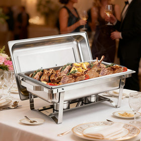 VEVOR stainless steel chafer line perfect for professional buffet displays.
