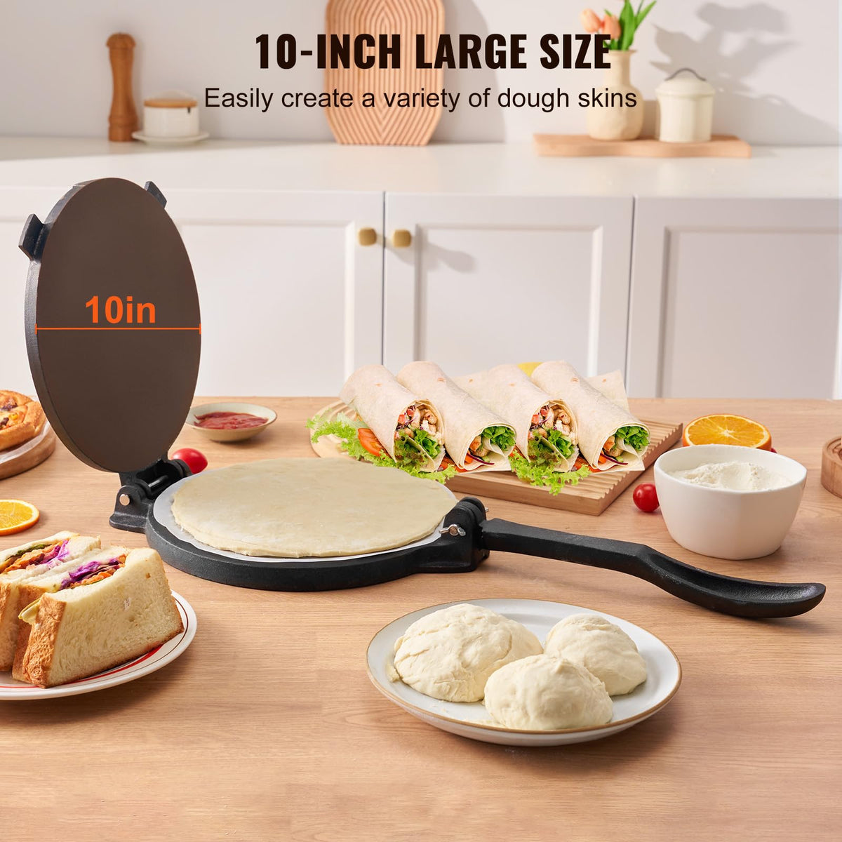 VEVOR cast iron tortilla press shows heavy-duty construction for daily use