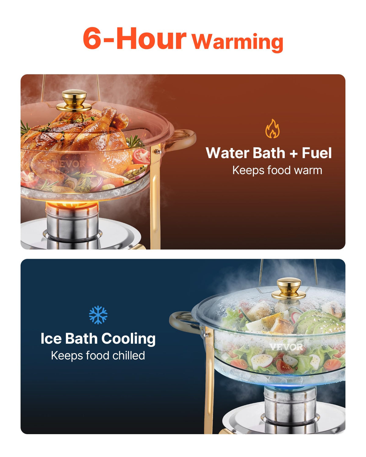 Gold finish chafing dish water pan maintains moisture during service