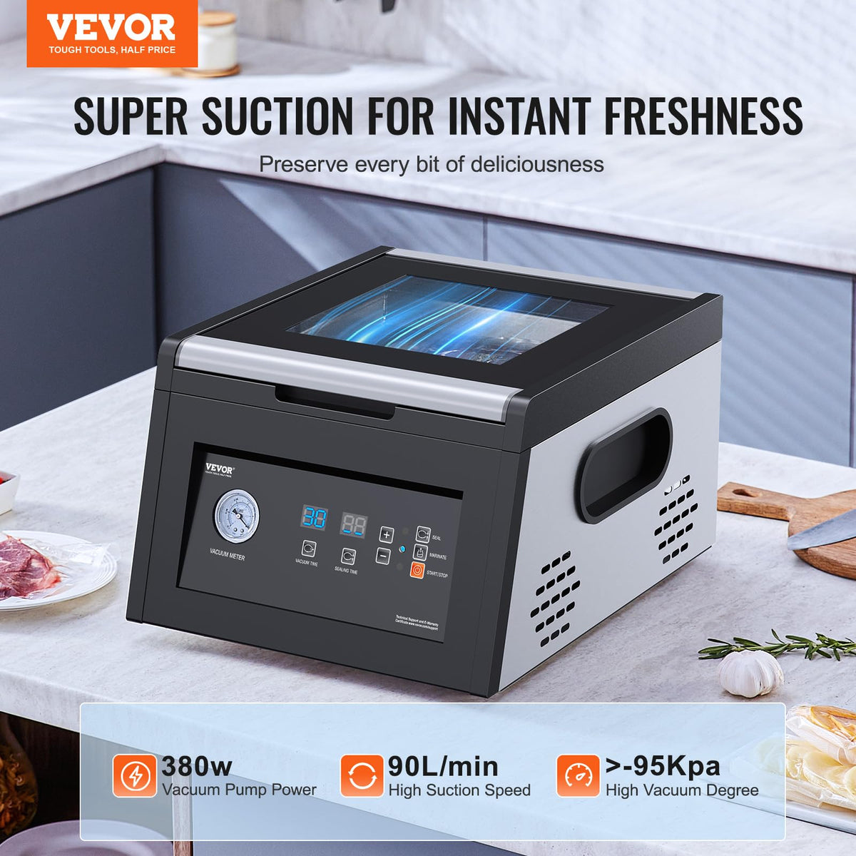 VEVOR chamber vacuum sealer control panel with quick settings for wet and dry foods