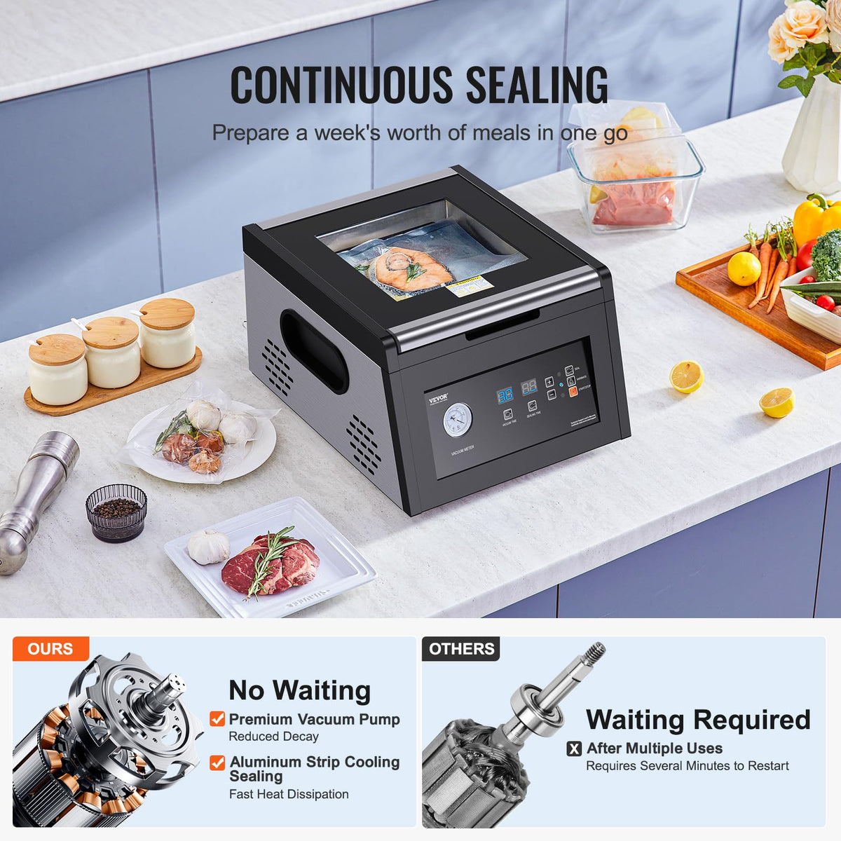 VEVOR chamber vacuum sealer glass lid shows progress during sealing