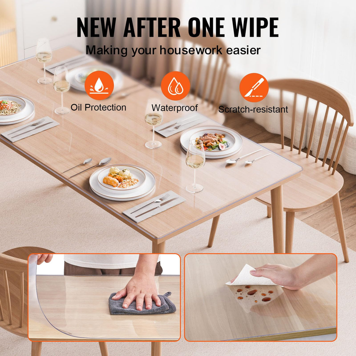 VEVOR clear table cover being flattened for a snug, wrinkle-free fit.