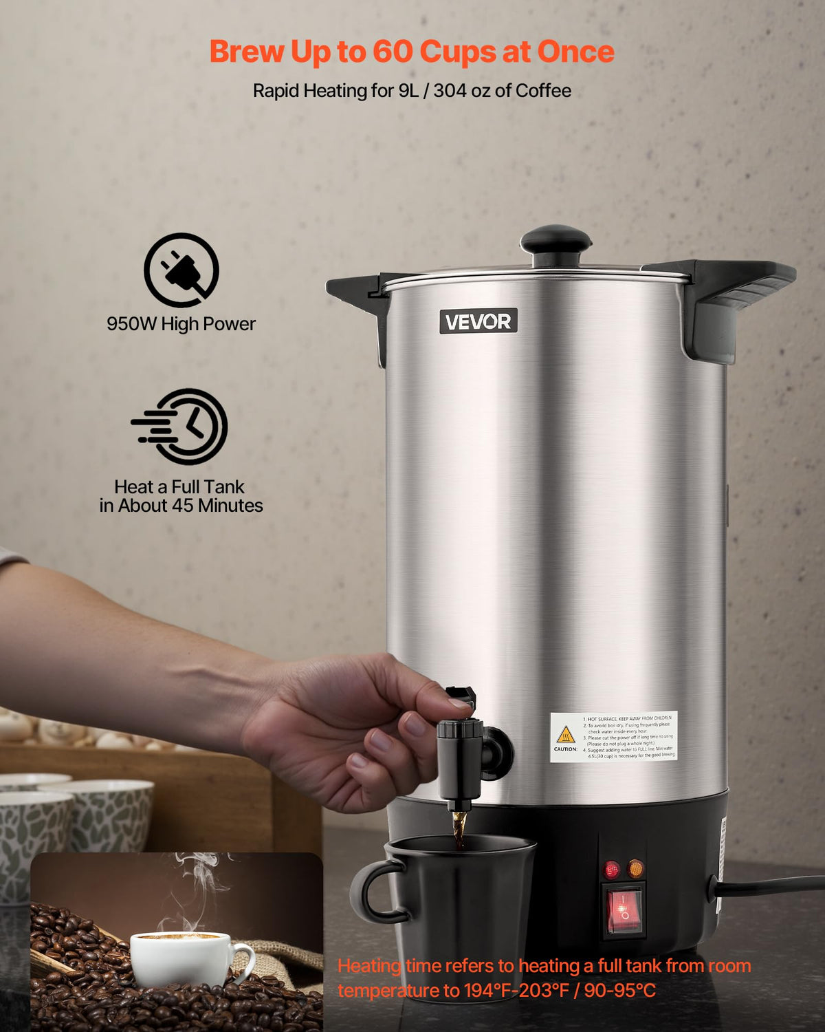 VEVOR coffee urn in action with 9 L capacity for quick brewing