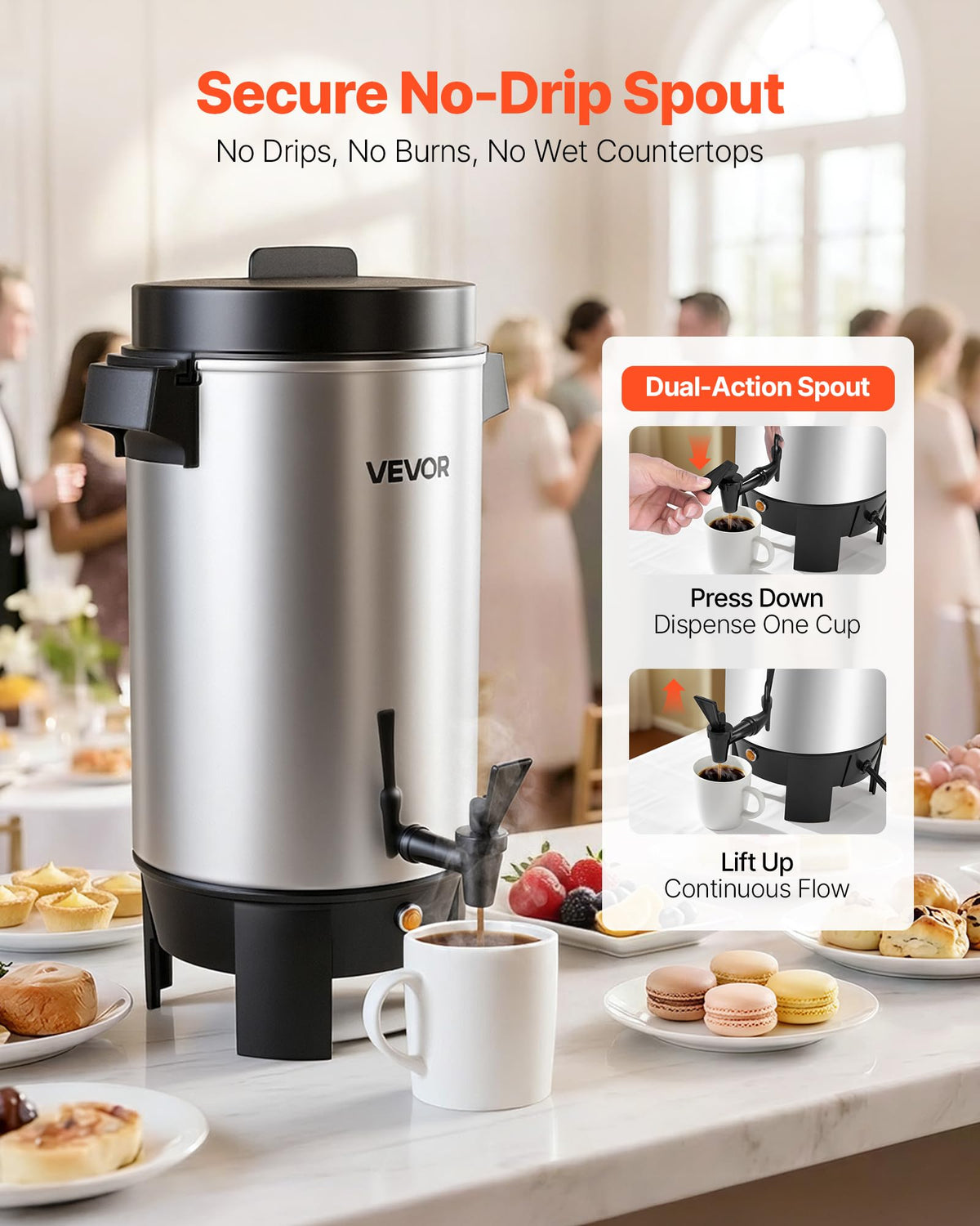 VEVOR dual no-drip spout enables neat serves and controlled pouring