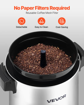 VEVOR coffee urn with mesh filter highlights reusable filtration benefits
