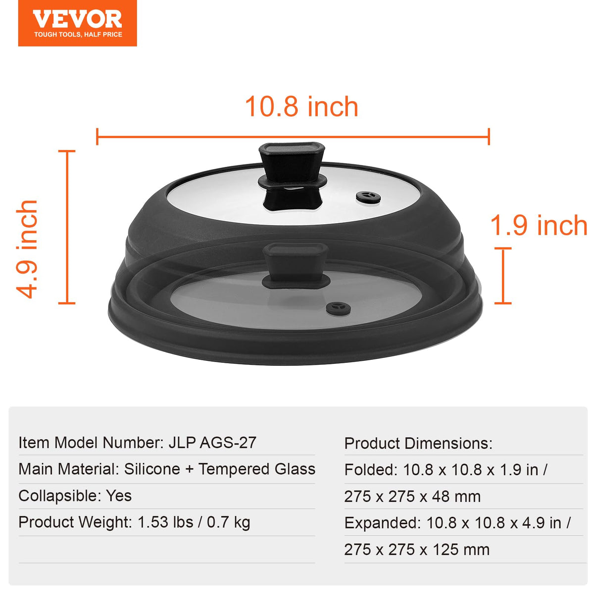 VEVOR collapsible lid stored compactly to 1.9 inches