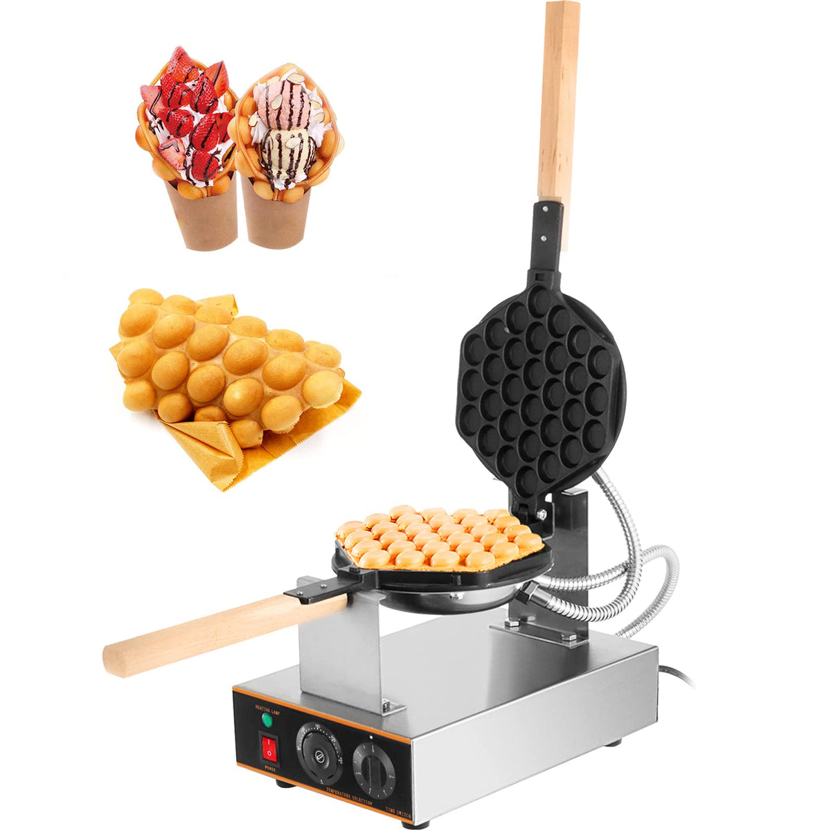 VEVOR Commercial Bubble Waffle Maker with 180° rotating pans for even browning.