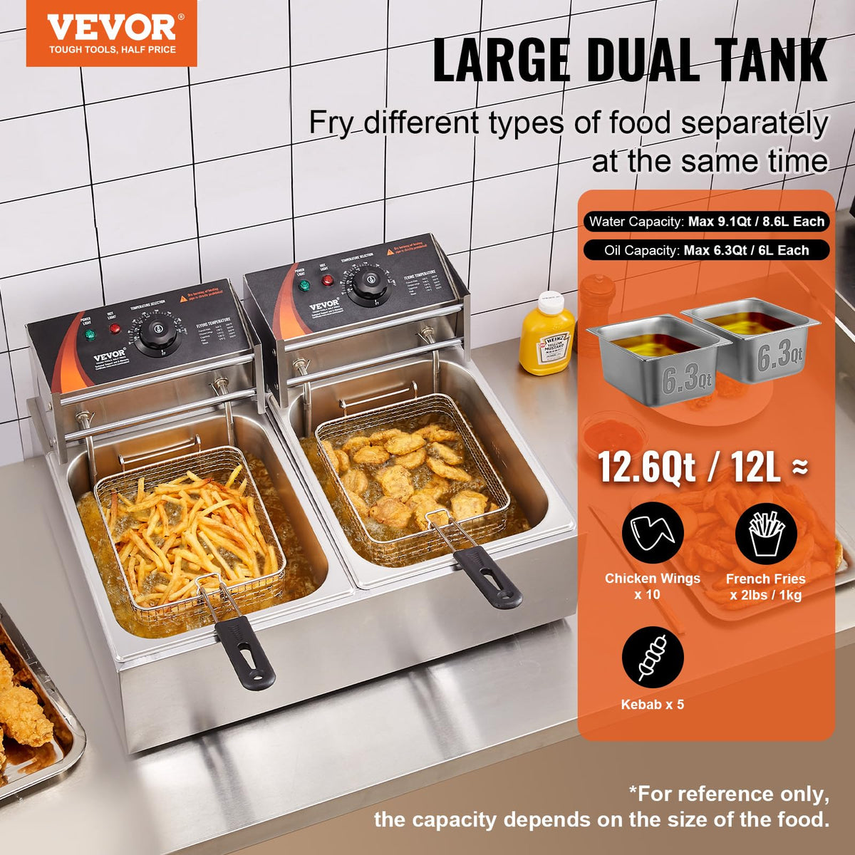 VEVOR dual-tank fryer side controls enable quick temperature management