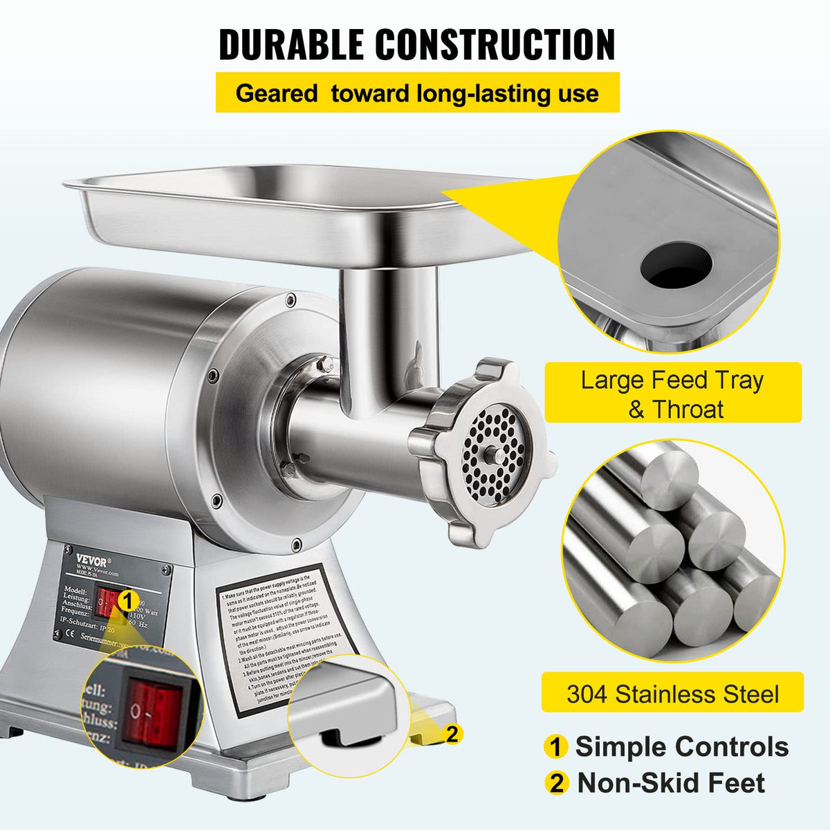 VEVOR feeder tube enables quick loading and continuous grinding