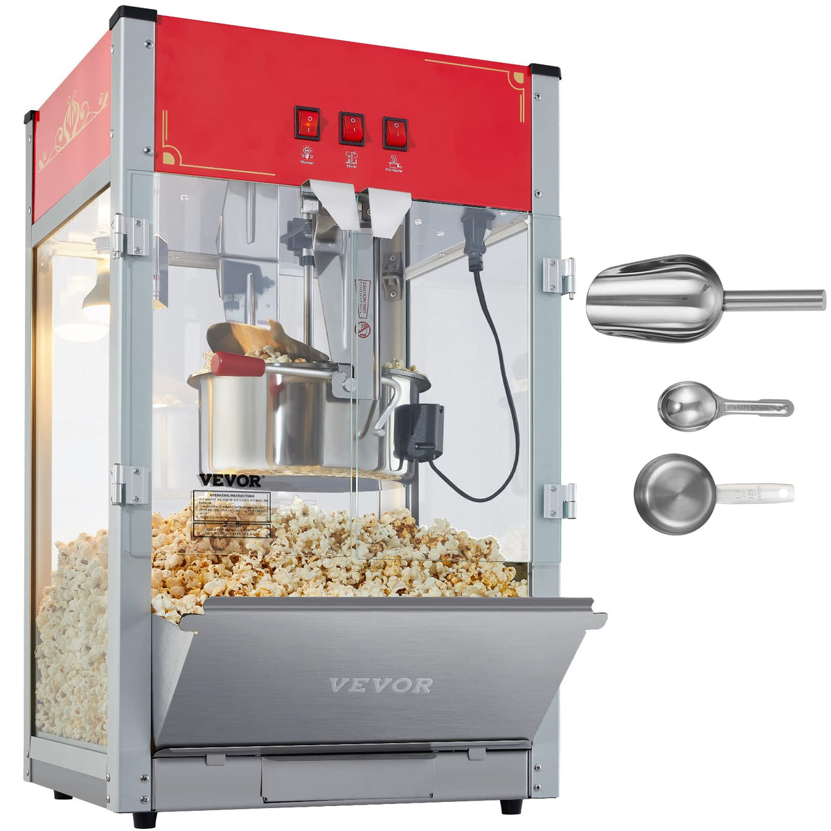 VEVOR commercial popcorn machine front view highlights quick kettle heating for busy venues.