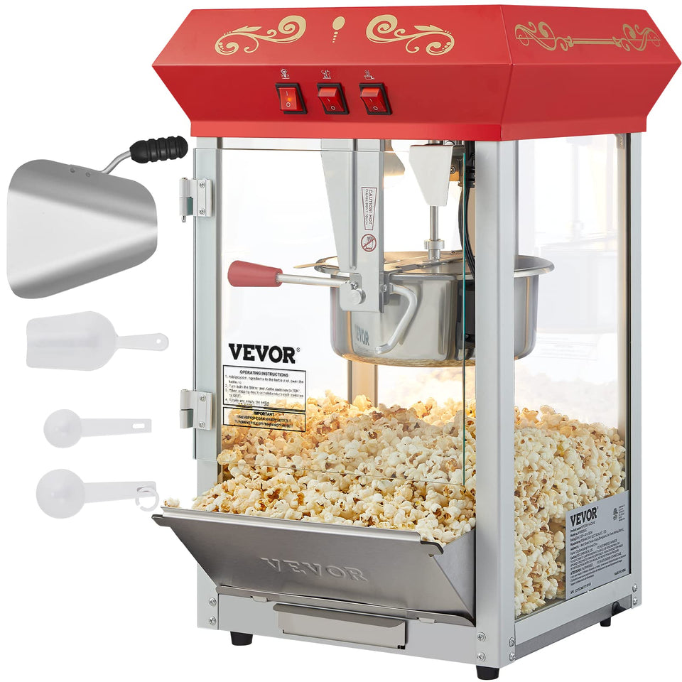 VEVOR commercial popcorn machine front view in red for high-traffic concessions.