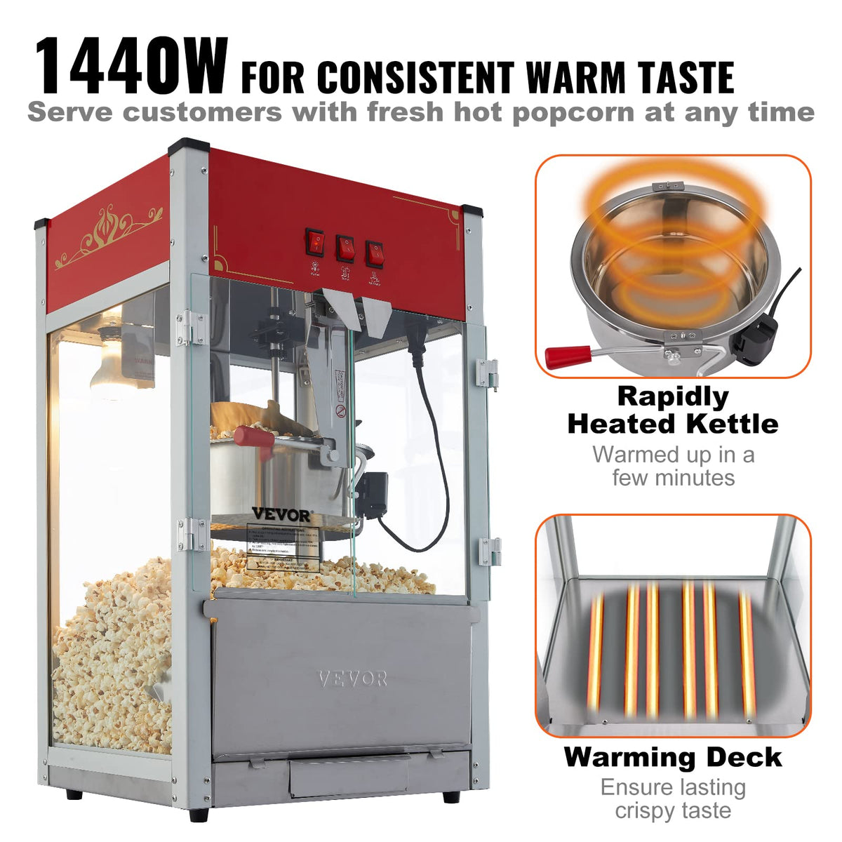 VEVOR commercial popcorn machine steel frame emphasizes durable performance for high-traffic venues.