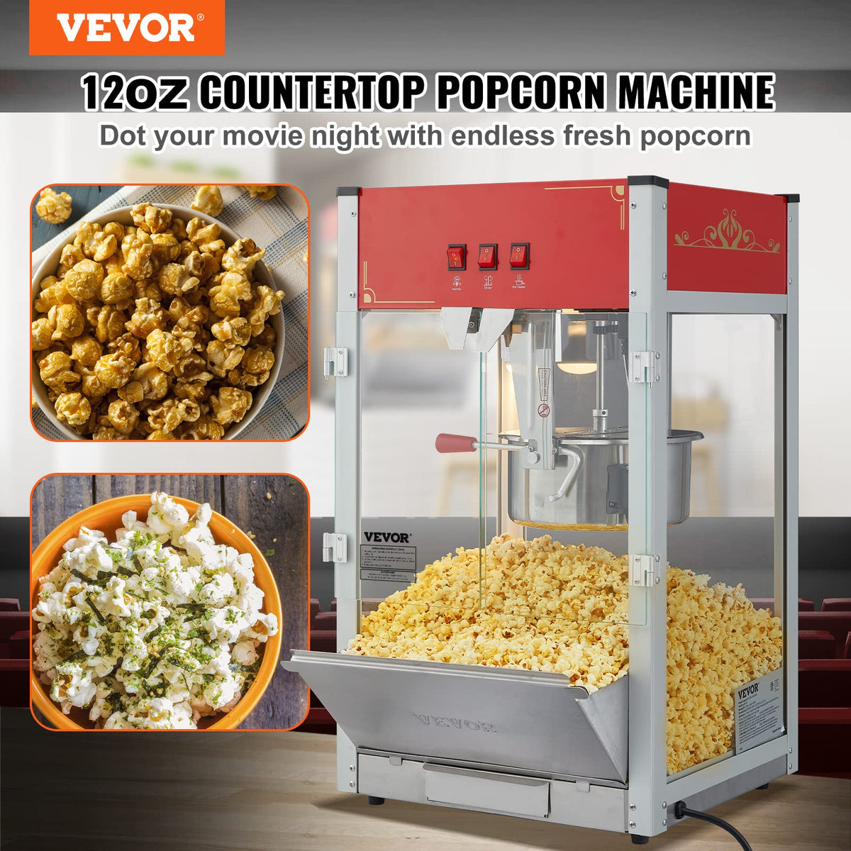 VEVOR commercial popcorn machine warming deck illumination showcases ready-to-serve popcorn.
