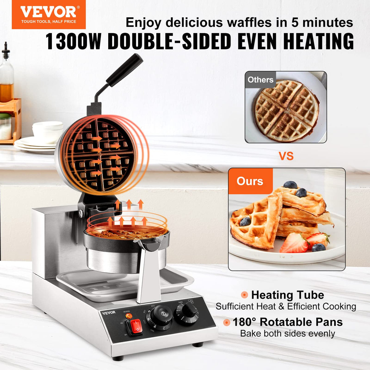 VEVOR waffle maker rotatable design shown for even cooking and ease