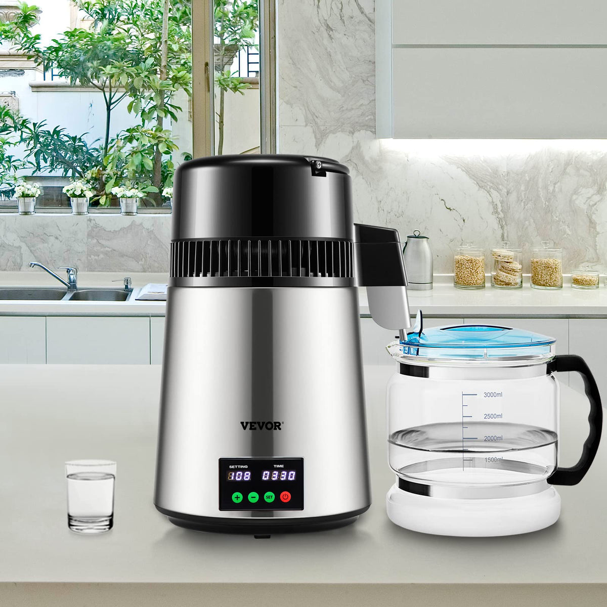 VEVOR compact silver countertop distiller suits kitchens and labs.