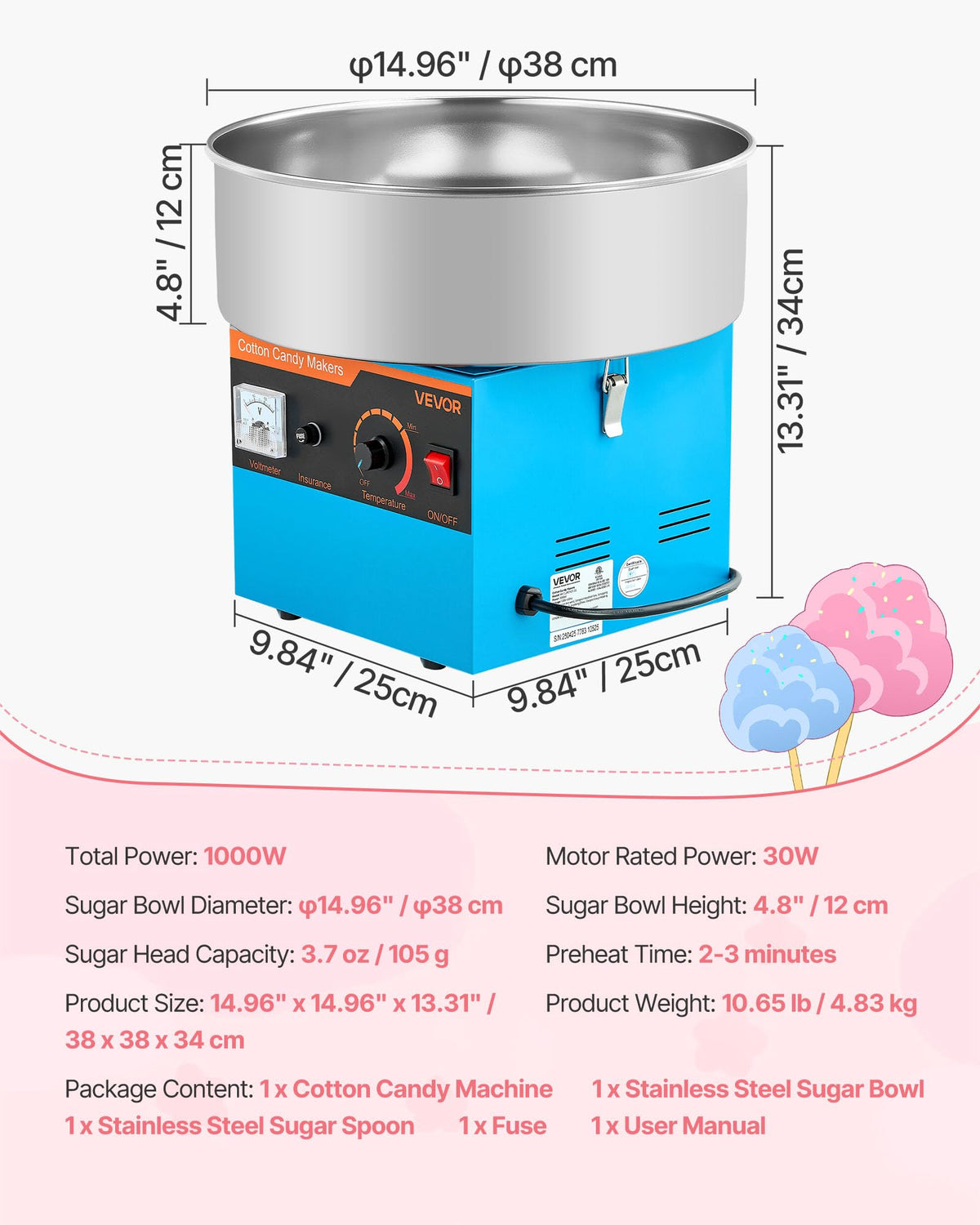 VEVOR Cotton Candy Machine blue finish adds color to party