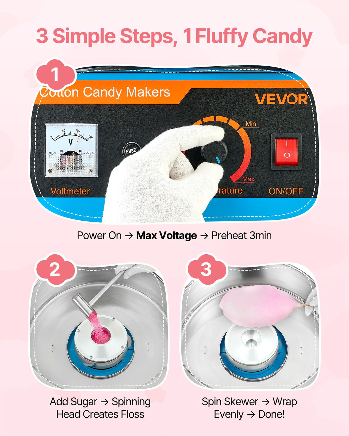 VEVOR Cotton Candy Machine sugar head spinning for even texture