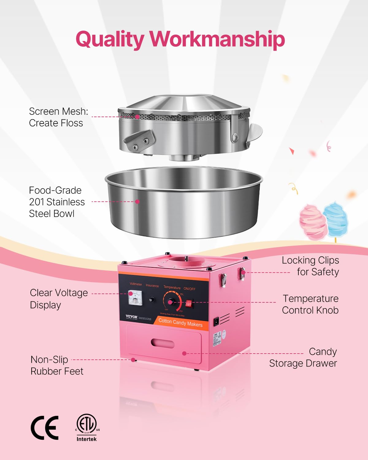 VEVOR cotton candy machine cones and floss sugar ready for serving