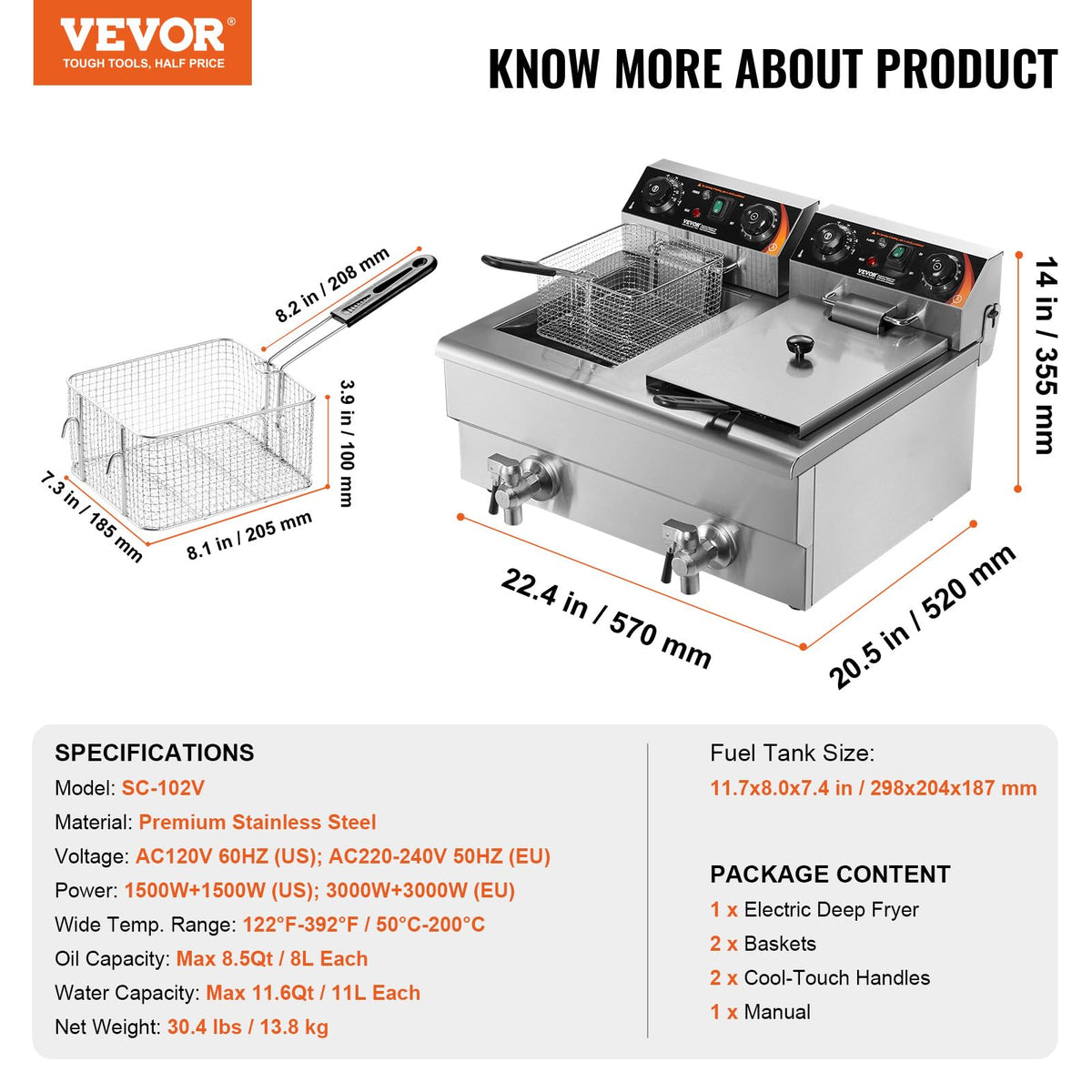 VEVOR deep fryer front-view with baskets ready for quick oil drainage.